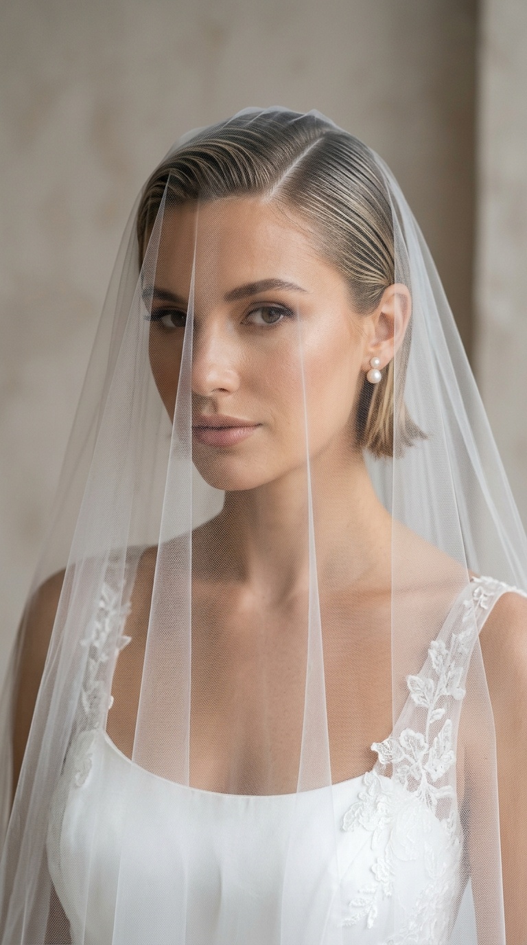 Slicked Side Part with Sheer Drop Veil