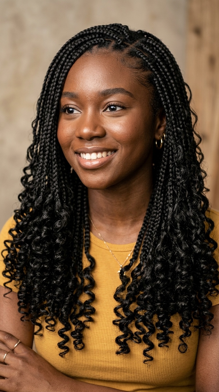 Small Box Braids with Dramatic Curly Ends