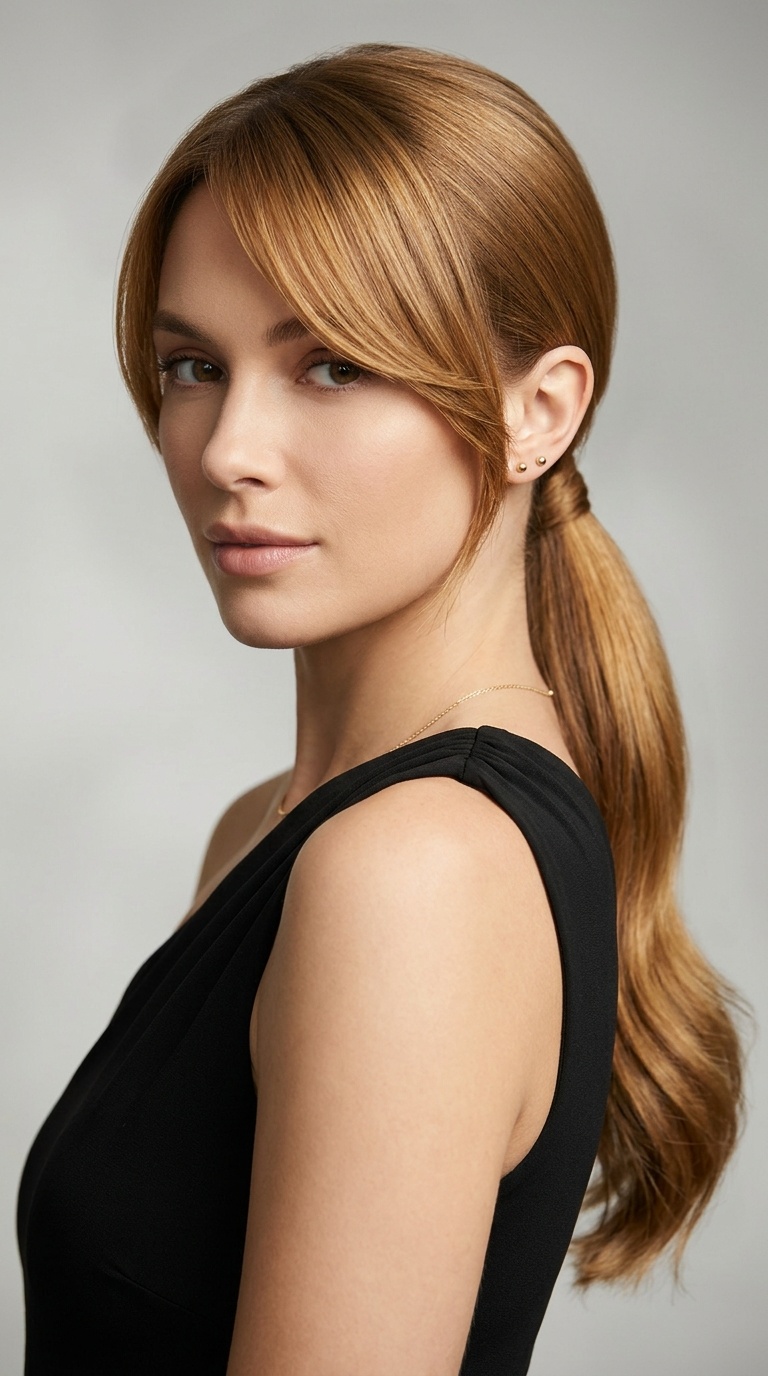 Smooth Low Ponytail with Side Fringe