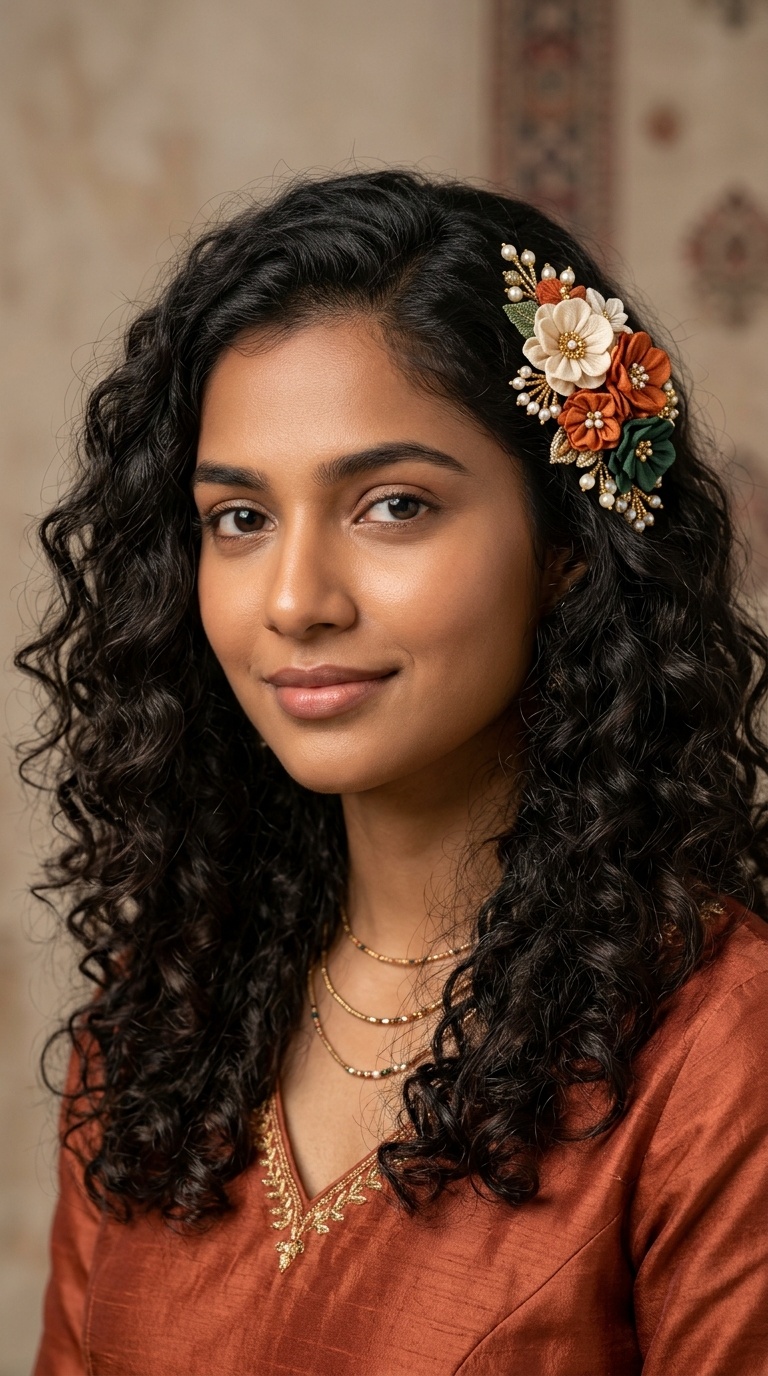 Soft Curls with One-Sided Floral Clip