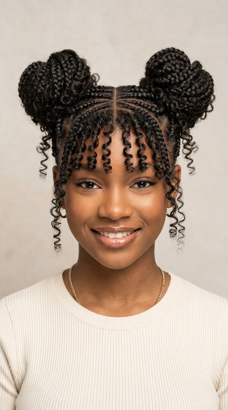Space Bun Braids with Curly Fringe