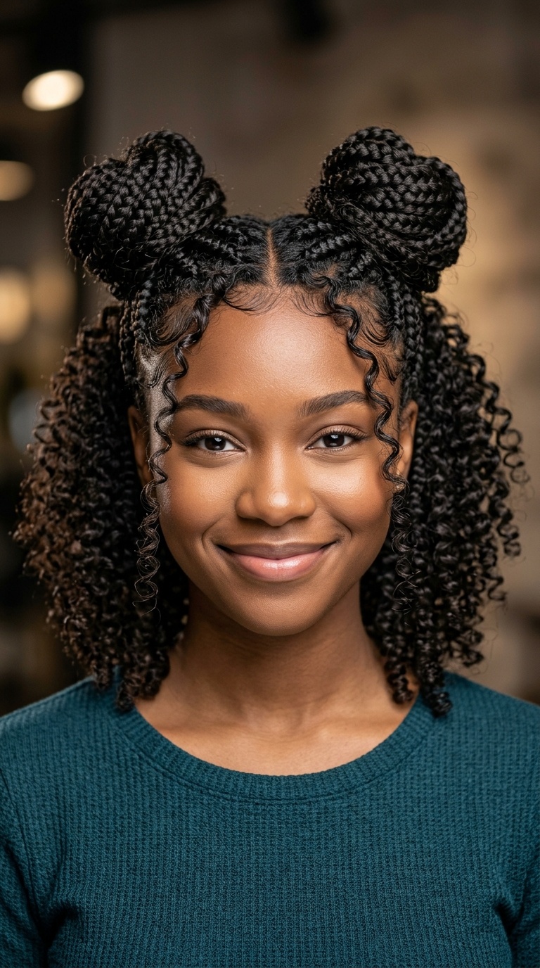 Space Bun Braids with Curly Tendrils