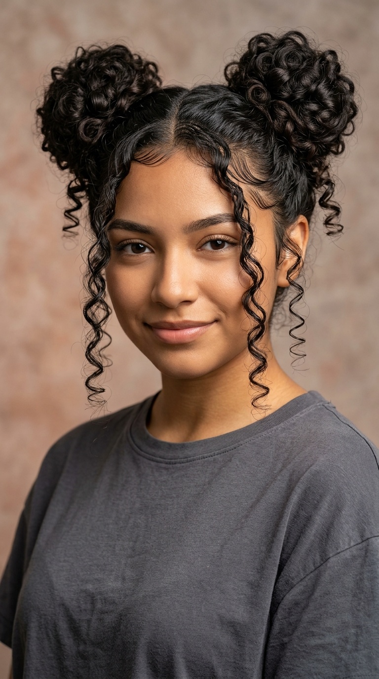 Space Bun Ringlets with Face-Framing Tendrils