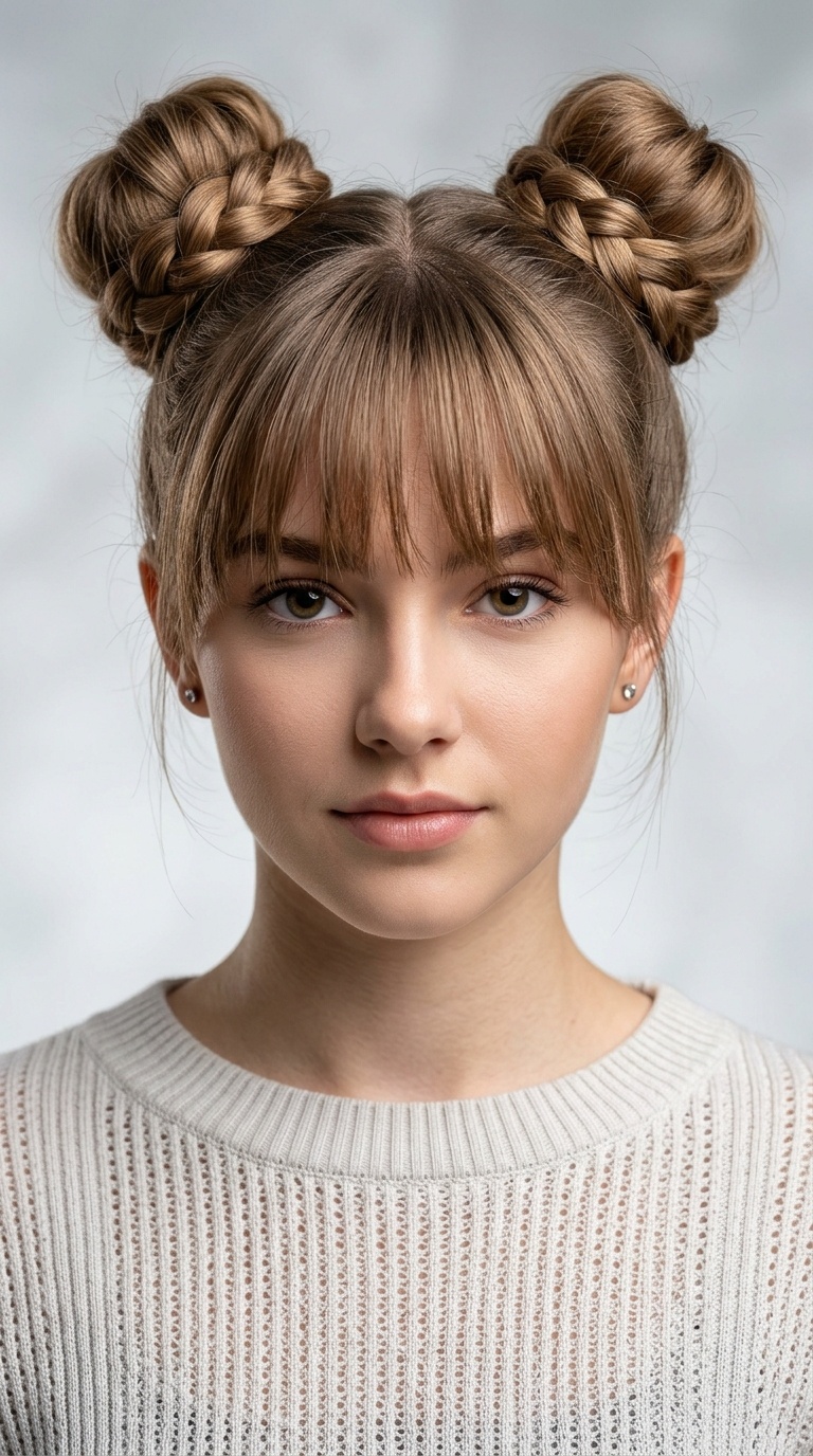 Space Buns with Braided Base and Layered Fringe