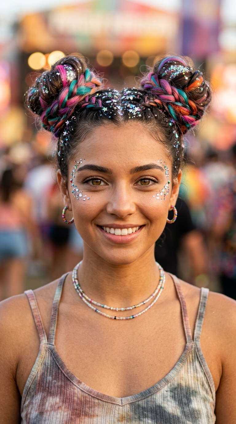 Space Buns with Colorful Extensions and Chunky Glitter