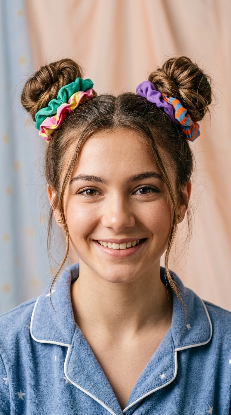 Space Buns with Colorful Scrunchies