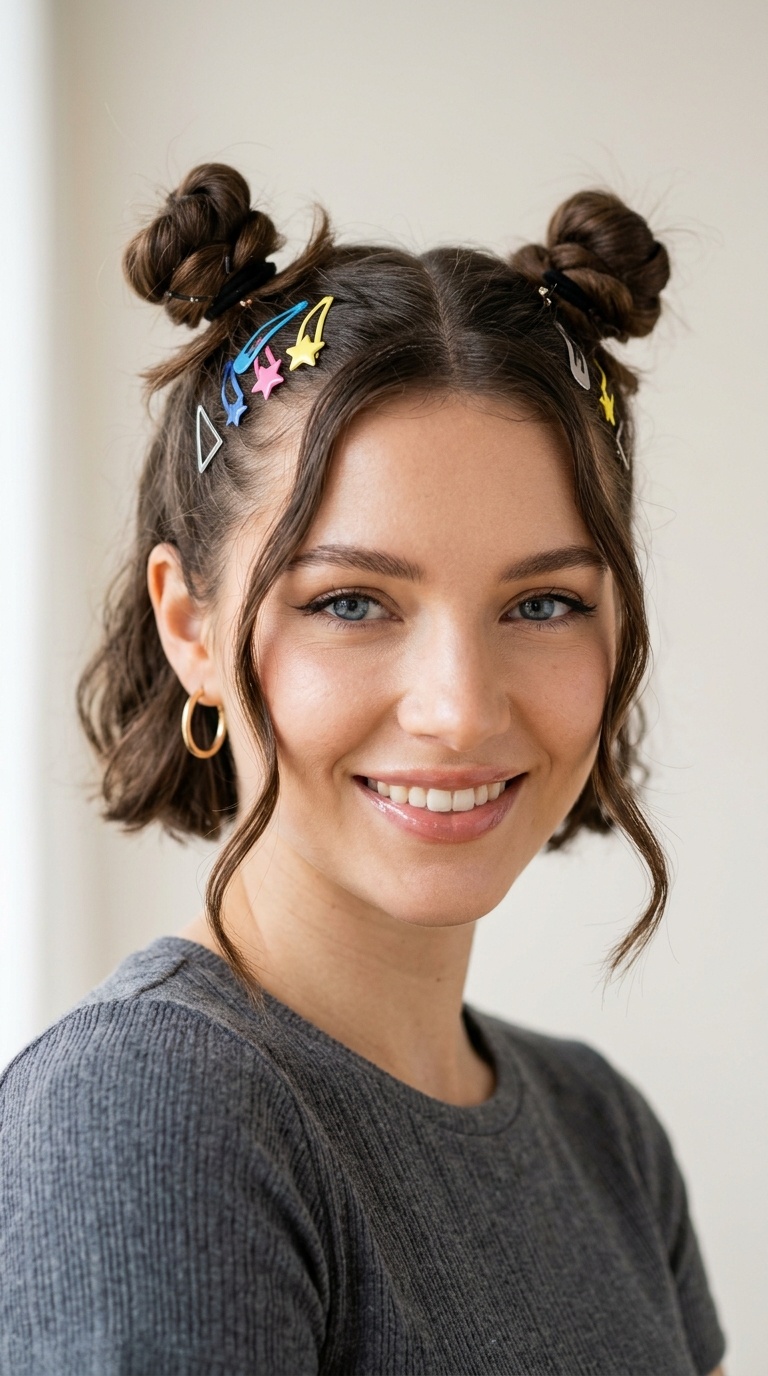 Space Buns with Face-Framing Tendrils and Clips