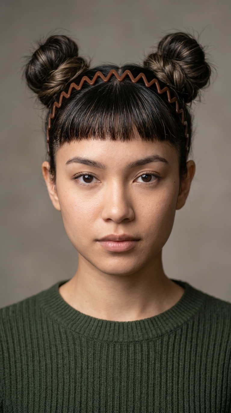 Space Buns with Micro Bangs and Plastic Zig-Zag Headband