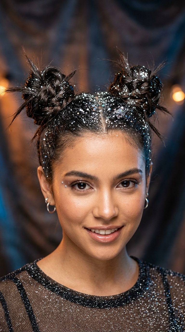 Spiky 90s-Inspired Buns with Chrome Glitter