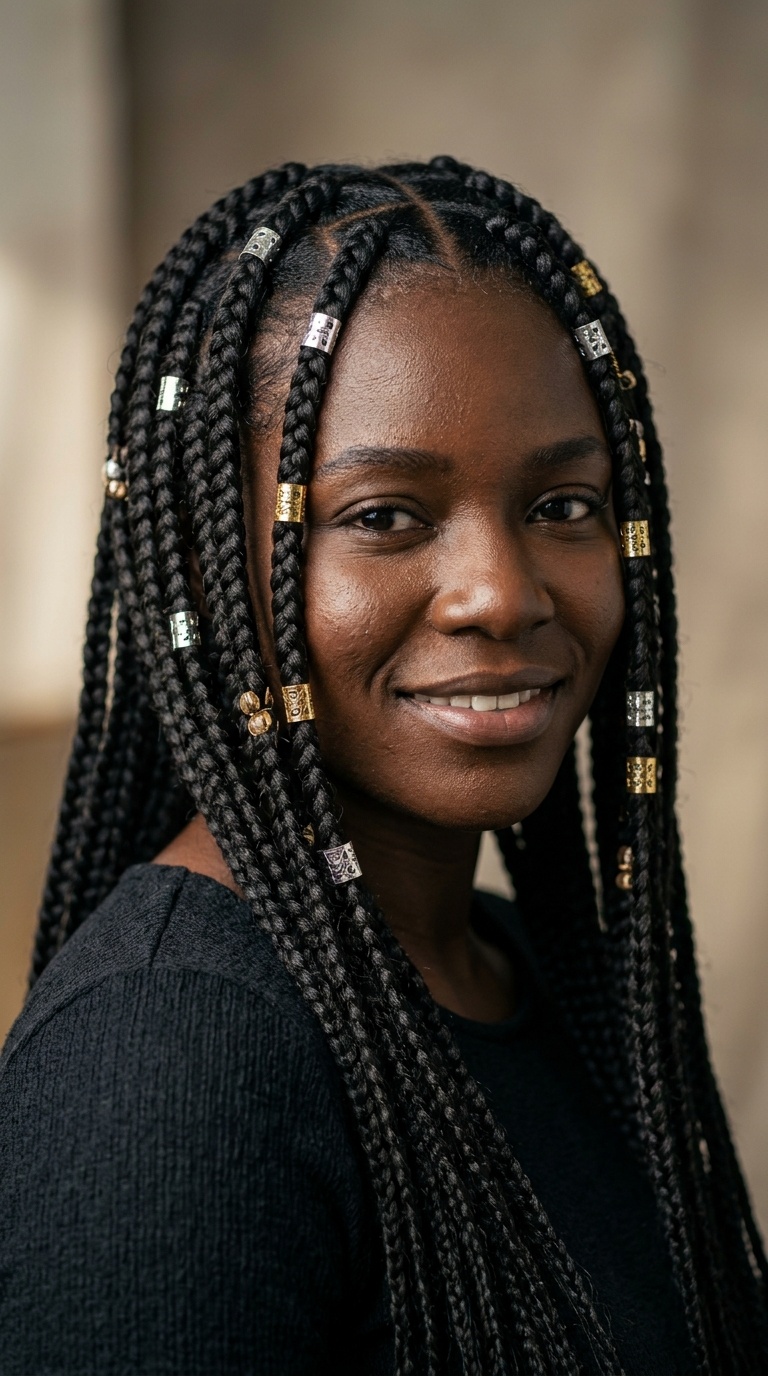 Square Box Braids with Metallic Cuffs