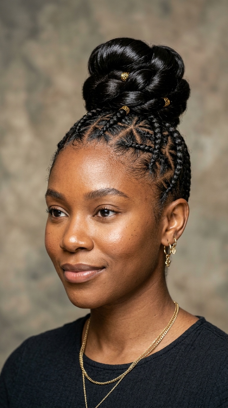 Star-Patterned Cornrows with a High-Shine Bun