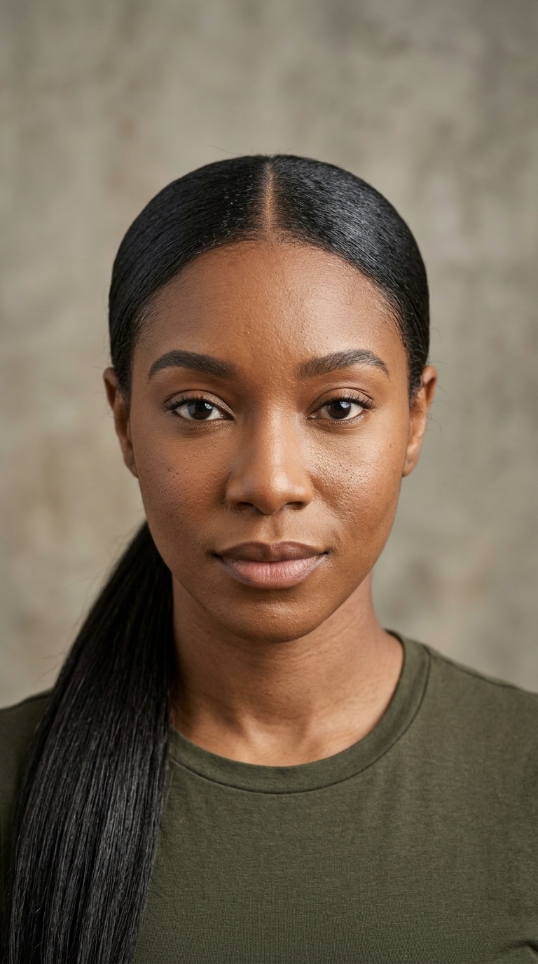 Straight Center-Part with Low Ponytail