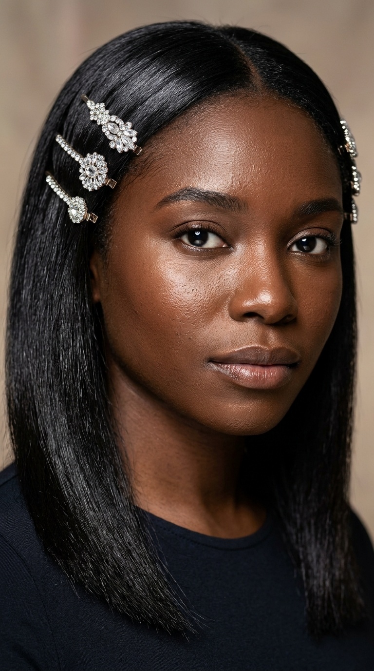 Straight Hair with Jeweled Hairpins