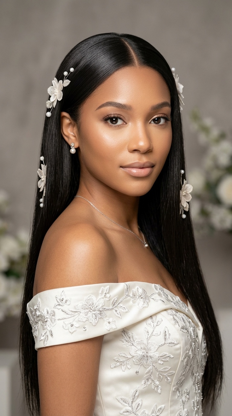 Straight Tresses with Floral Embroidery