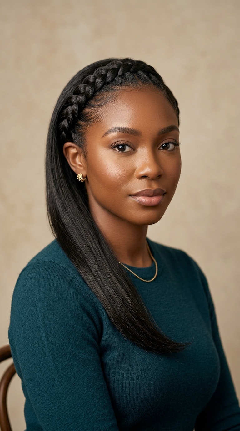 Straightened Hair with Side Braided Crown