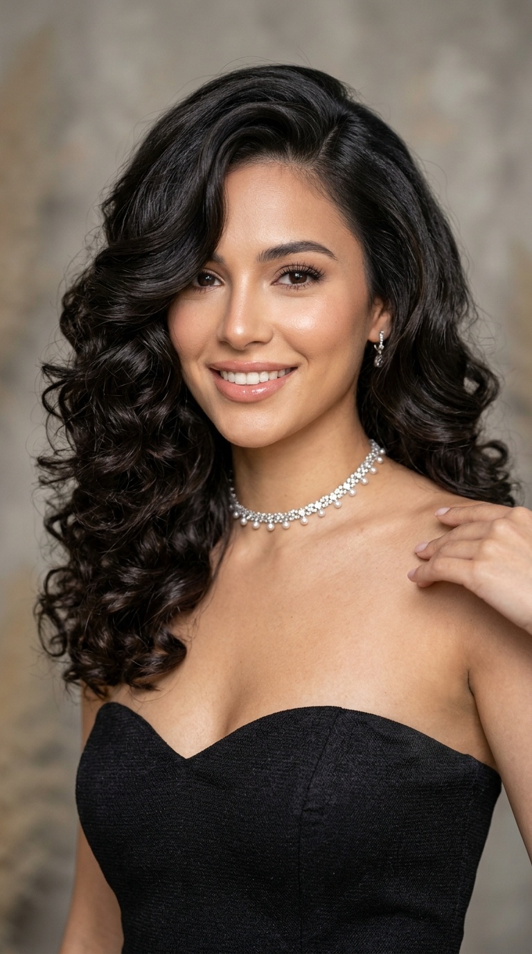 Strapless and Glamorous Side-Parted Curls
