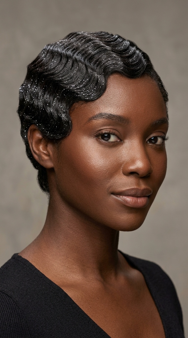 Structured Finger Waves with Glitter Accents