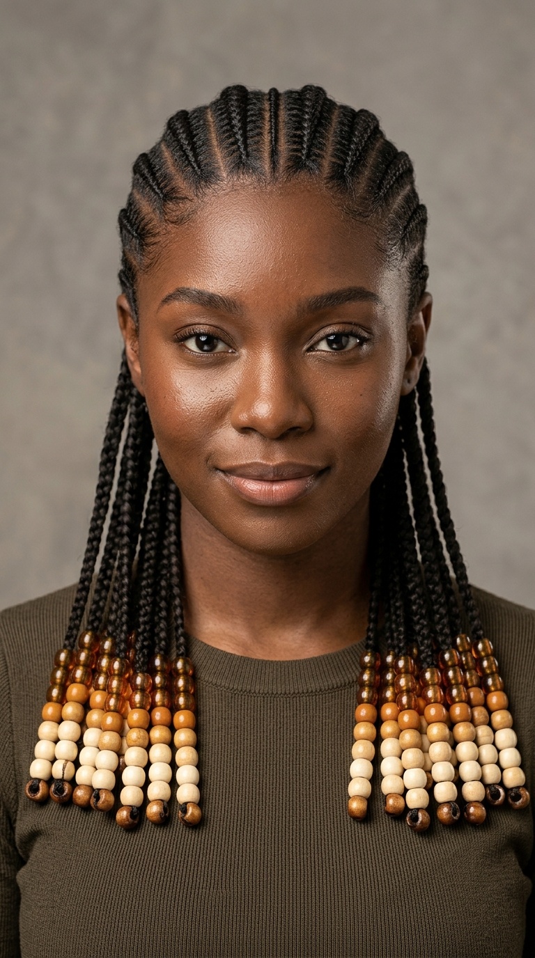Symmetrical Back-Skimming Cornrows with Ombre Beads