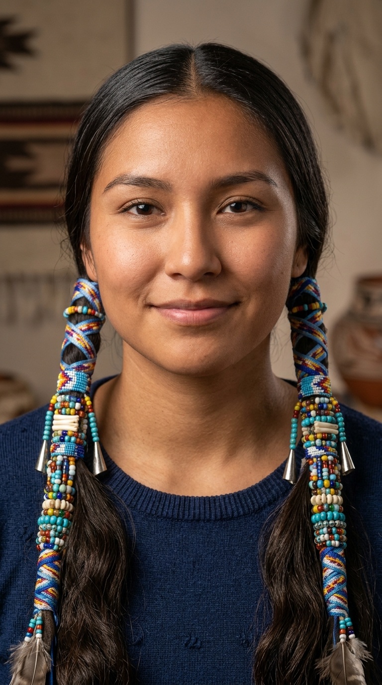 Symmetrical Pigtails with Beaded Ribbon Wraps