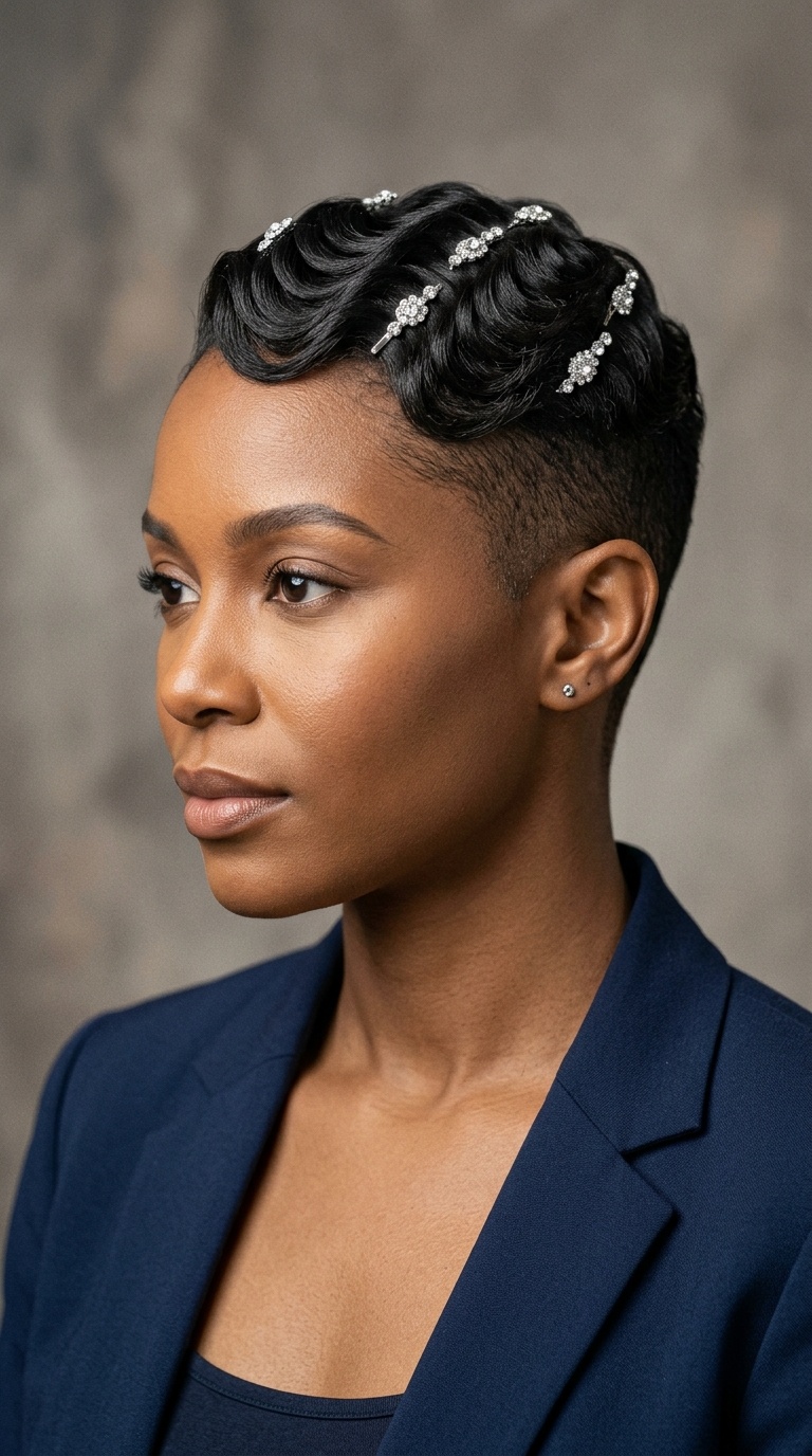 Tapered Cut with Crown Waves and Silver Pins