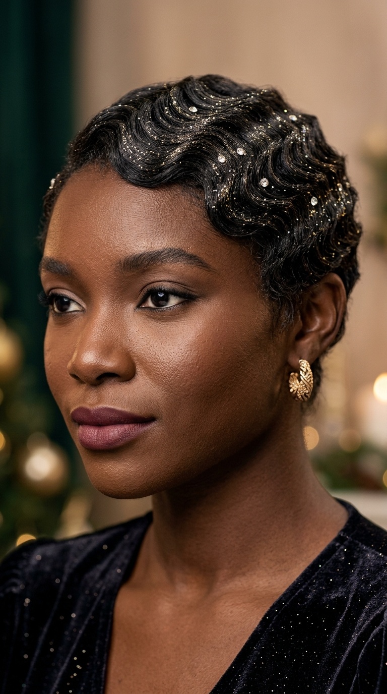 Tapered Cut with Finger Waves and Glitter