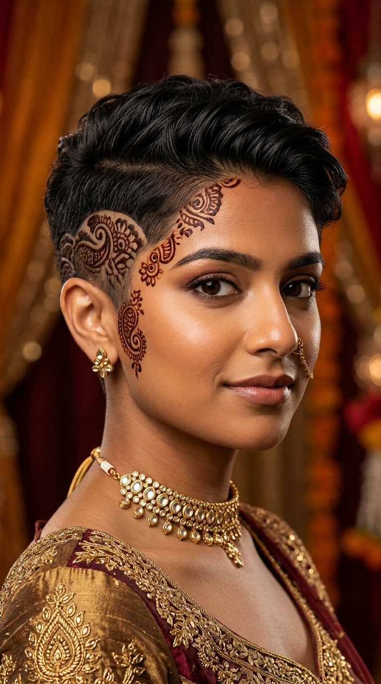 Tapered Cut with Henna-Inspired Hair Stencils