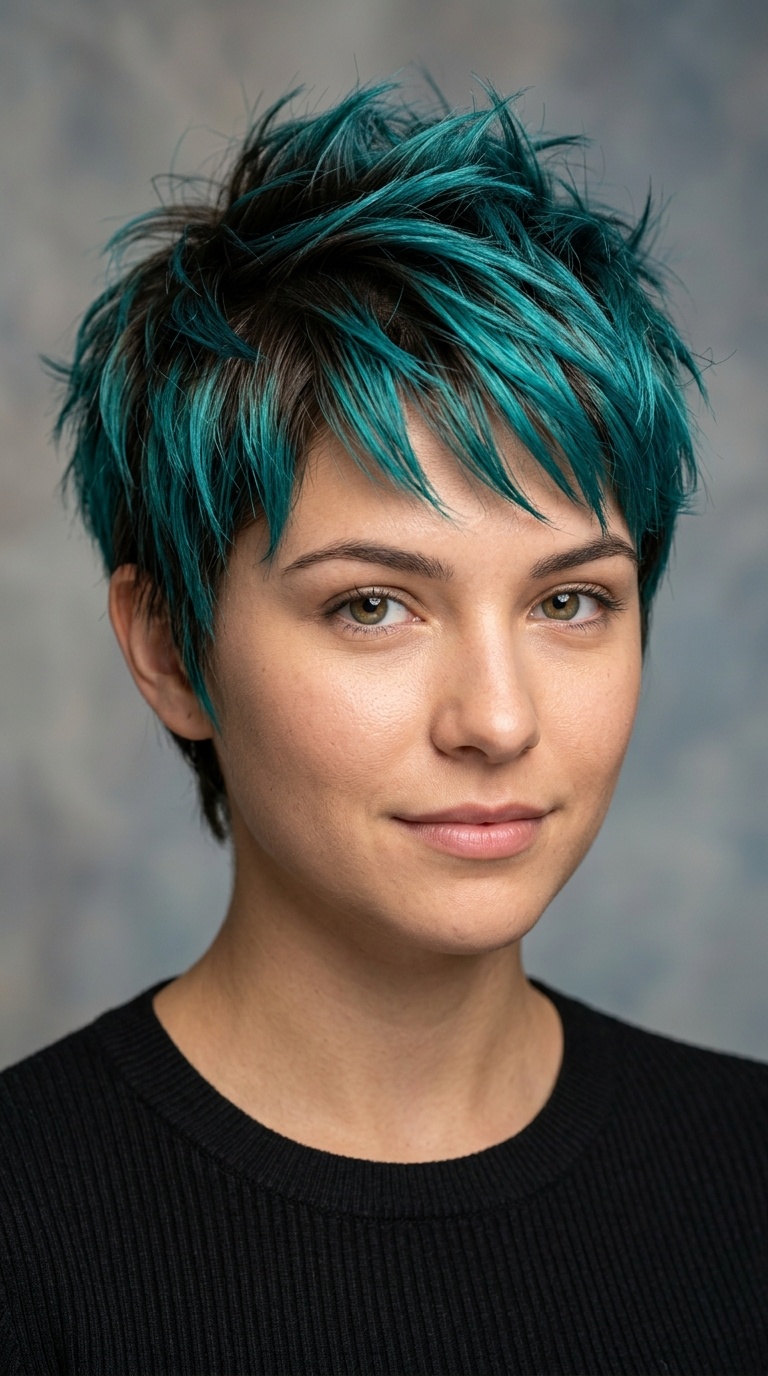 Teal Spiky Pixie with Shadow Root