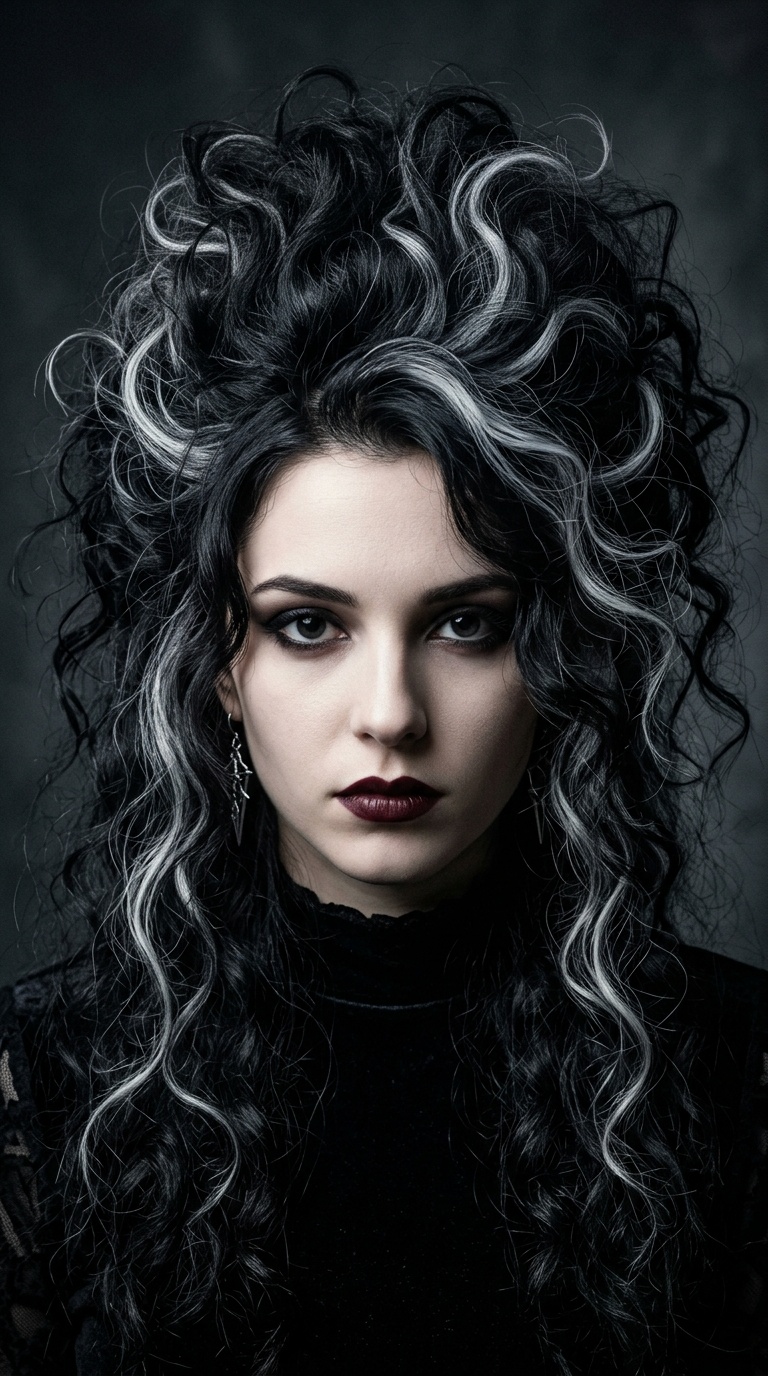 Teased Raven Curls with Ghostly White Streaks