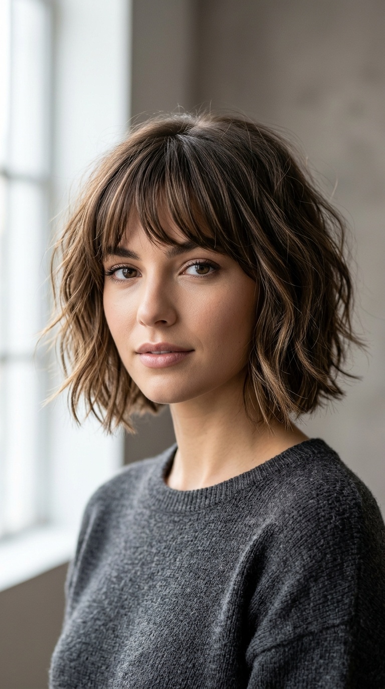 Textured Chin-Length Bob with Bangs