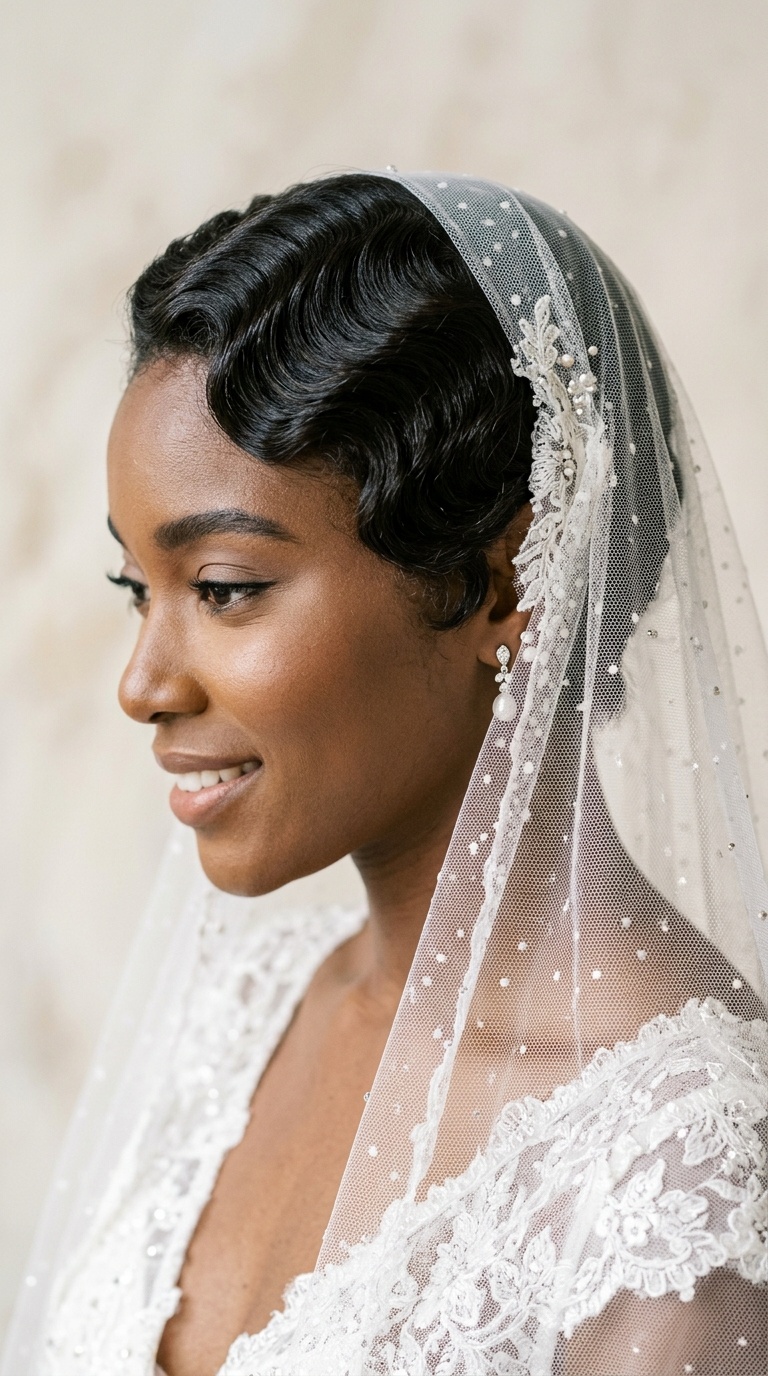 Textured Finger Waves with Blusher Veil