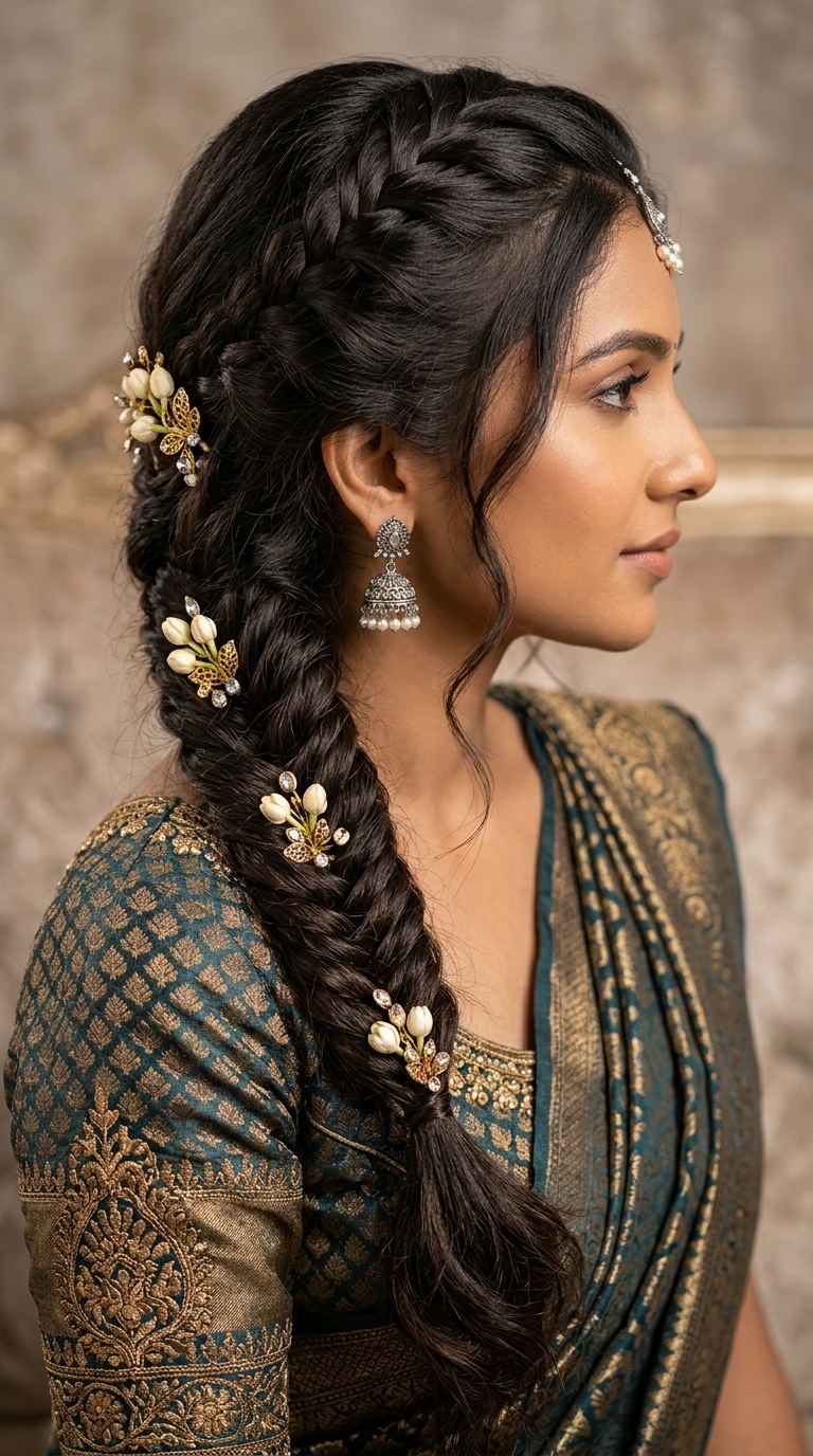 Textured Fishtail Braid with Floral Pins