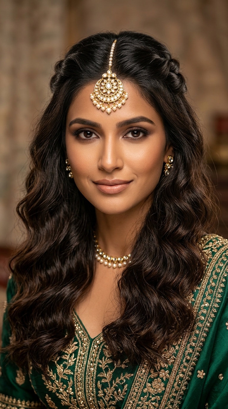 Textured Half-Up Waves with Maang Tikka