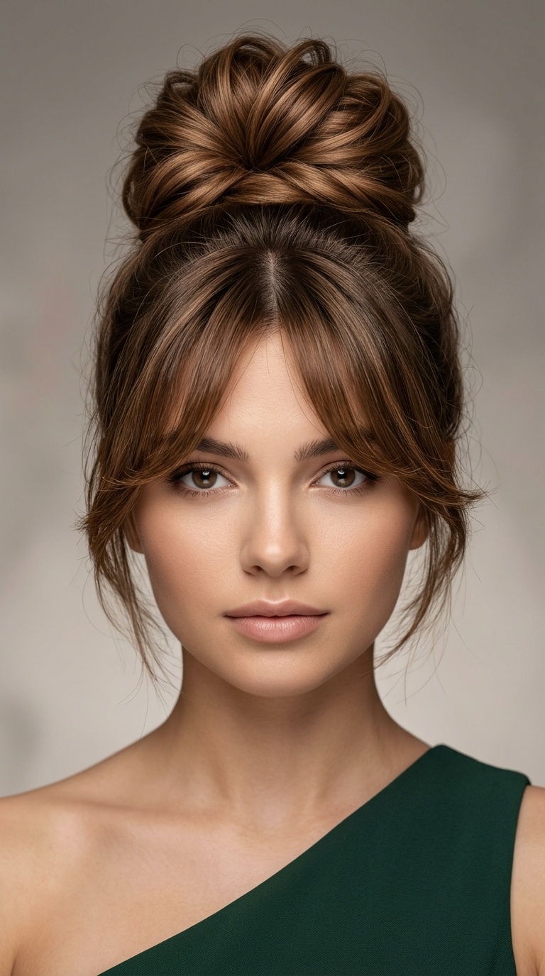 Textured High Bun with Curtain Bangs