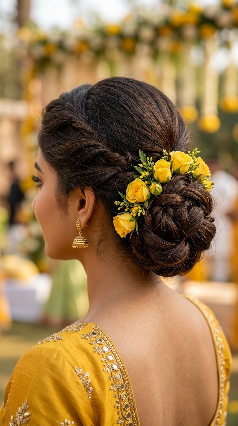 Textured Low Bun with Yellow Roses