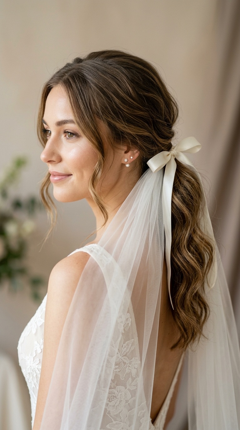 Textured Low Pony with Ribbon-Tied Veil
