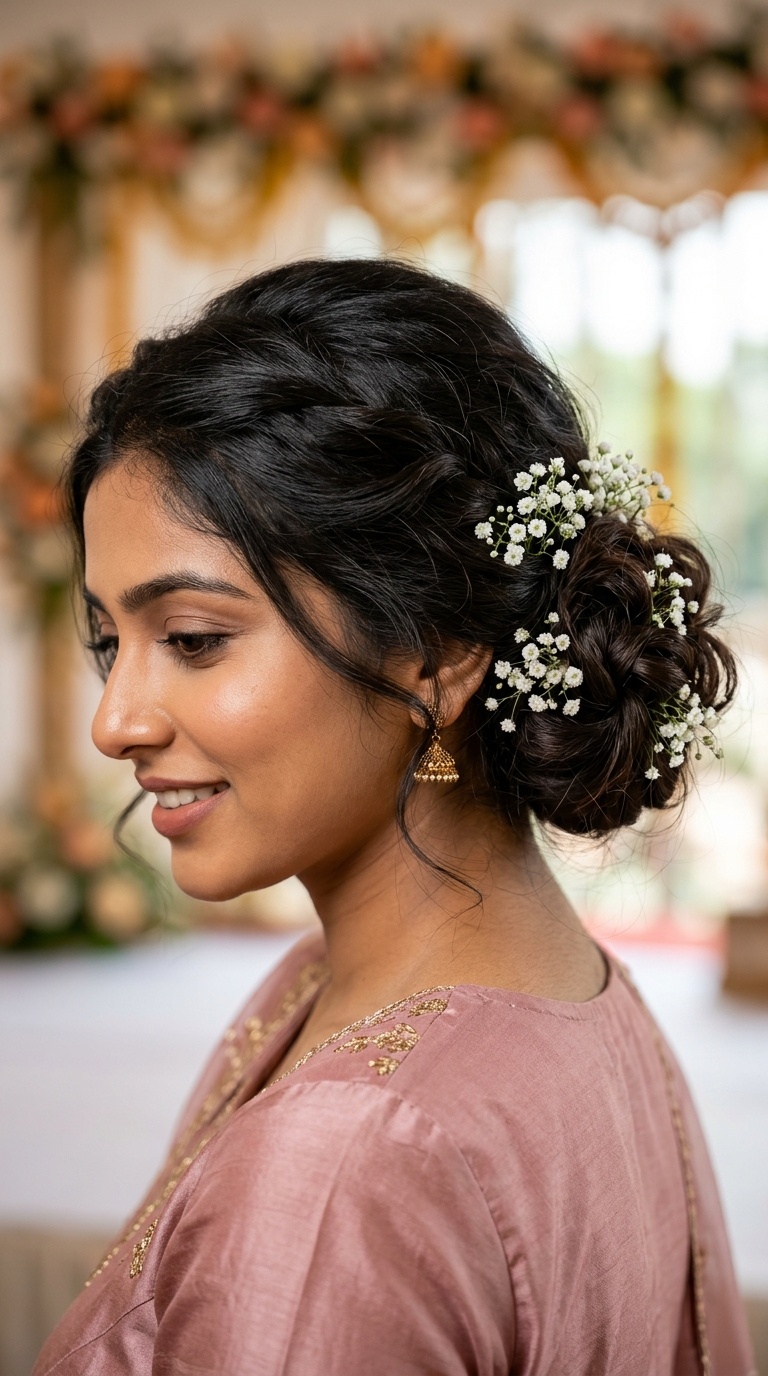 Textured Messy Low Bun with Baby’s Breath