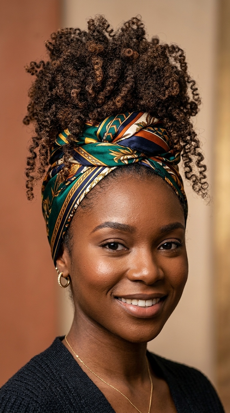 Textured Pineapple Updo with Silk Headwrap