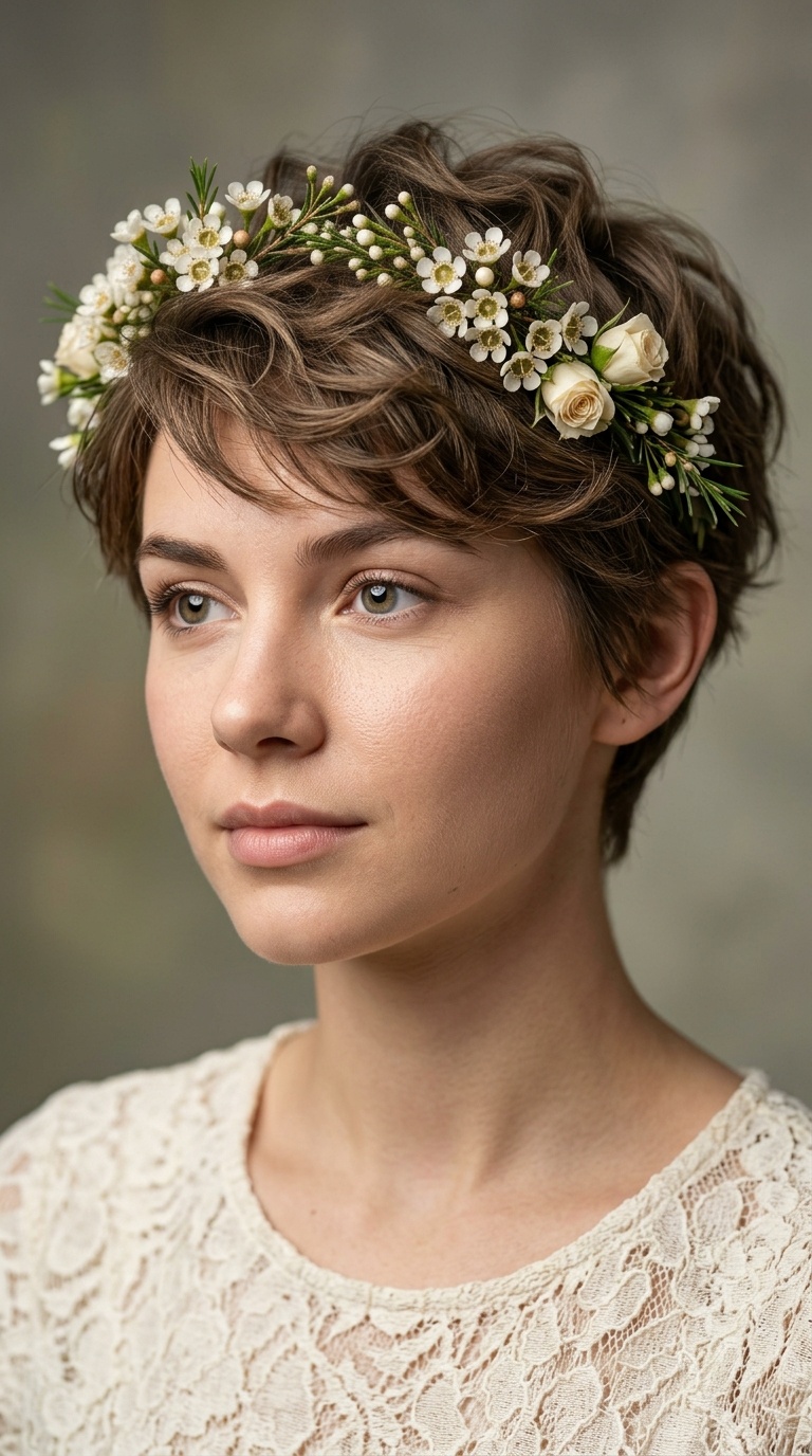 Textured Pixie with a Floral Crown