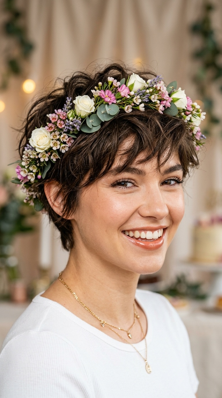 Textured Pixie with Floral Crown