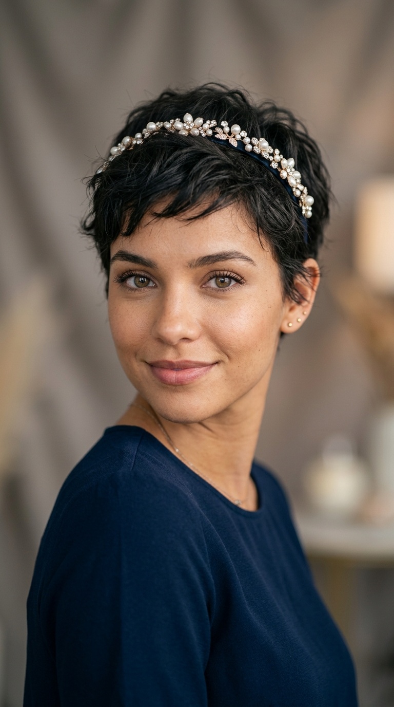 Textured Pixie with Jeweled Headband