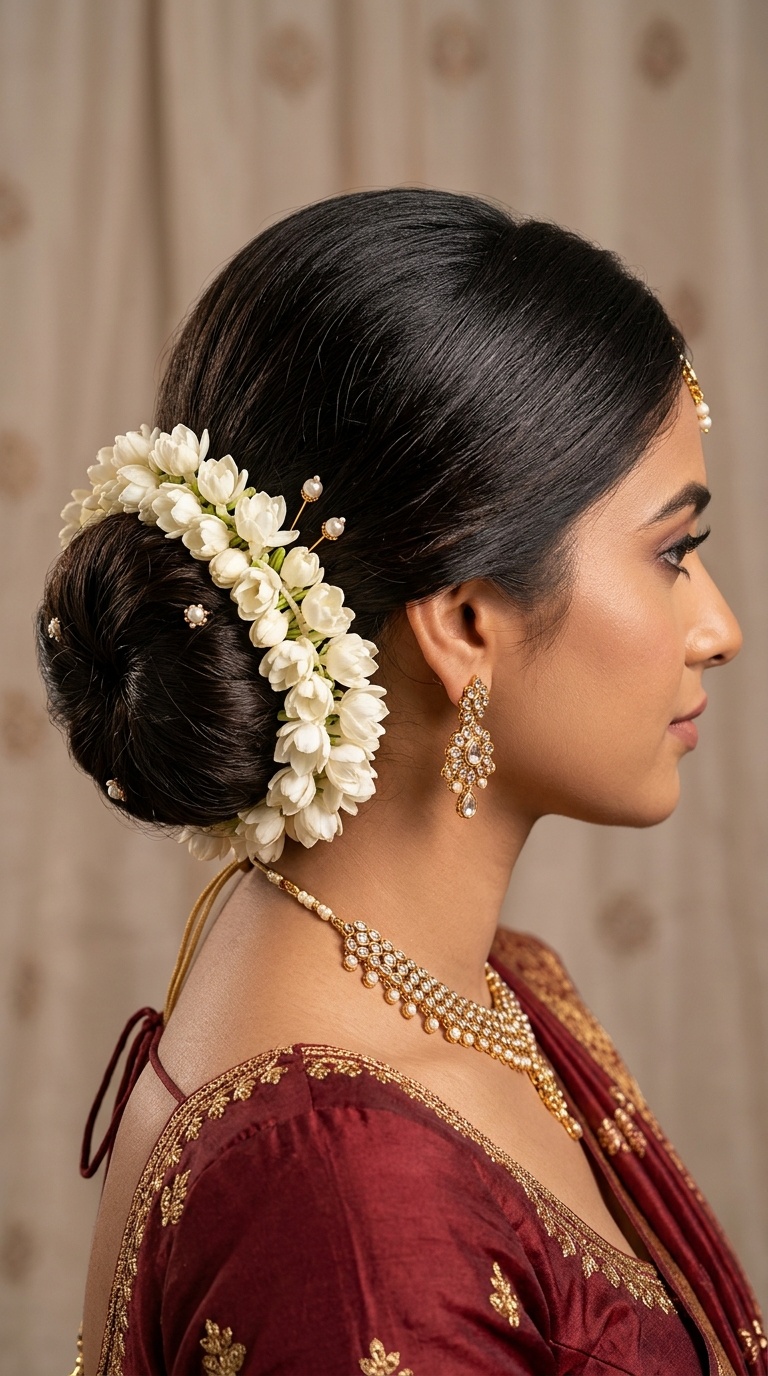 The Classic Low Bun with Jasmine Garlands