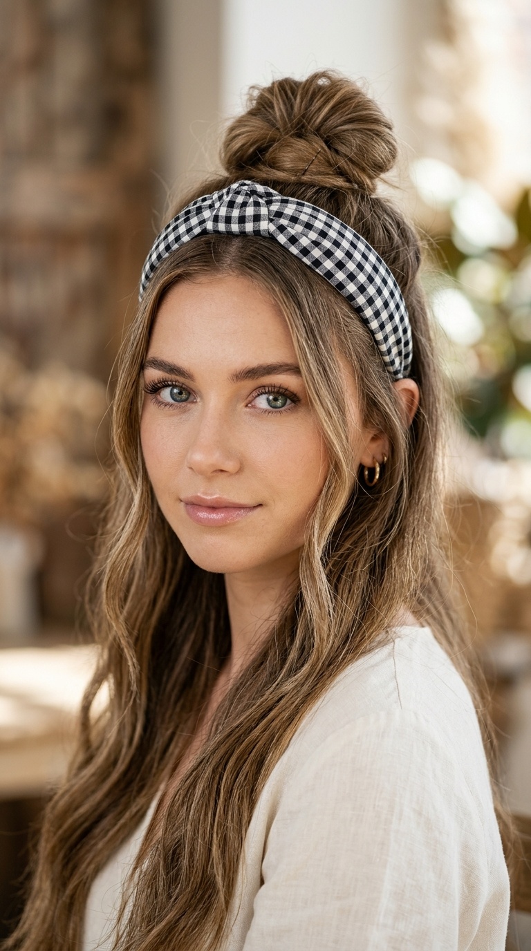 The Half-Up Top Knot with a Gingham Knotted Band