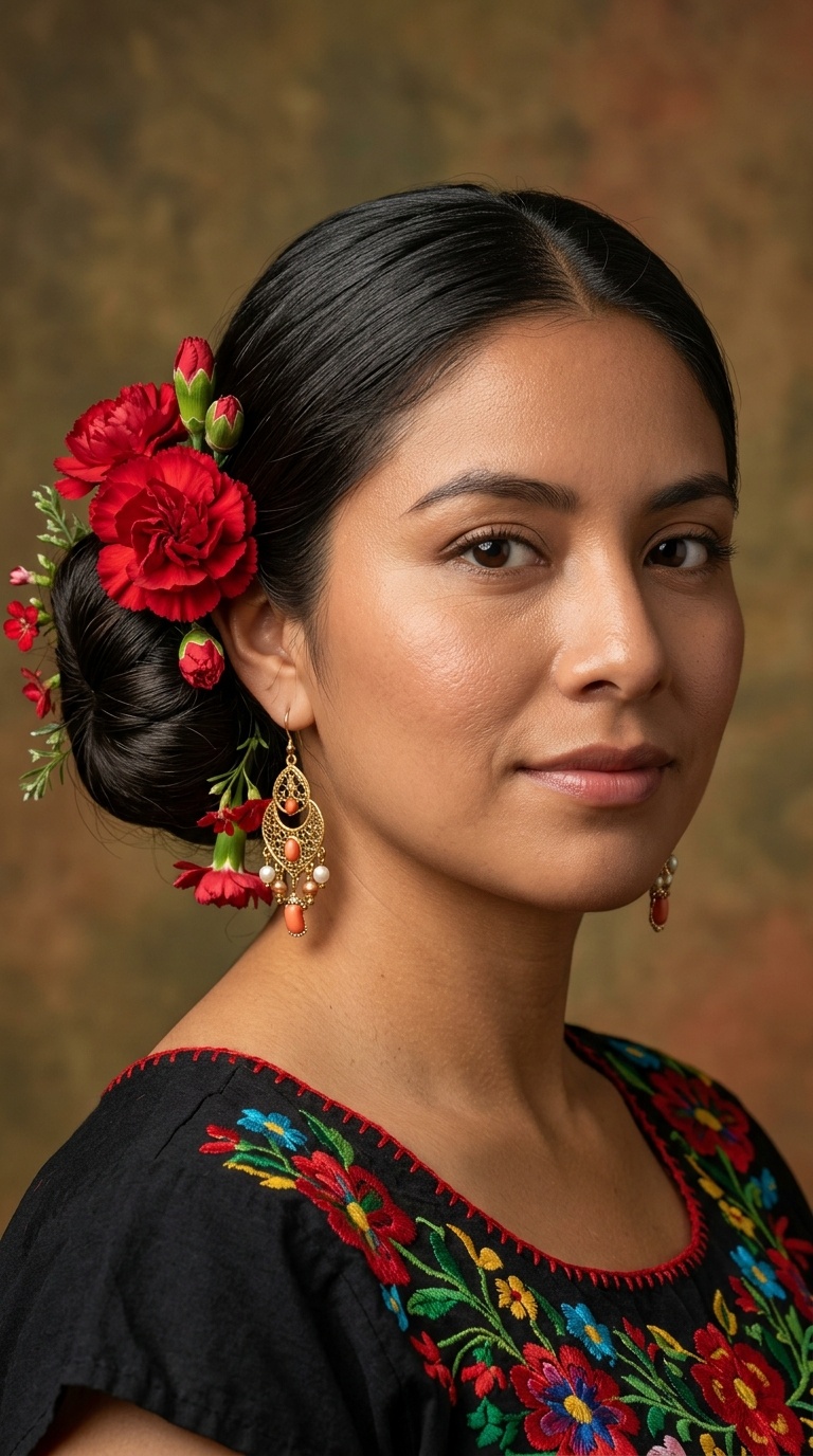 The Low Chignon with Red Carnations