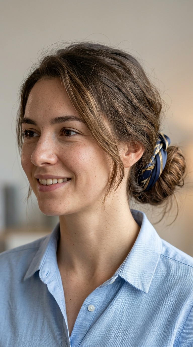 The Messy Low Bun with a Silk Scarf