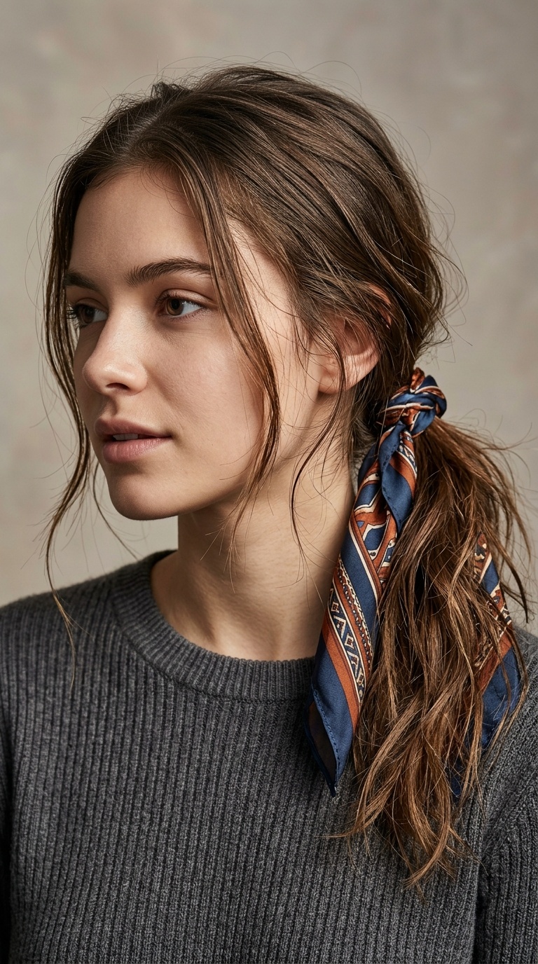 The Messy Low Ponytail with a Scarf