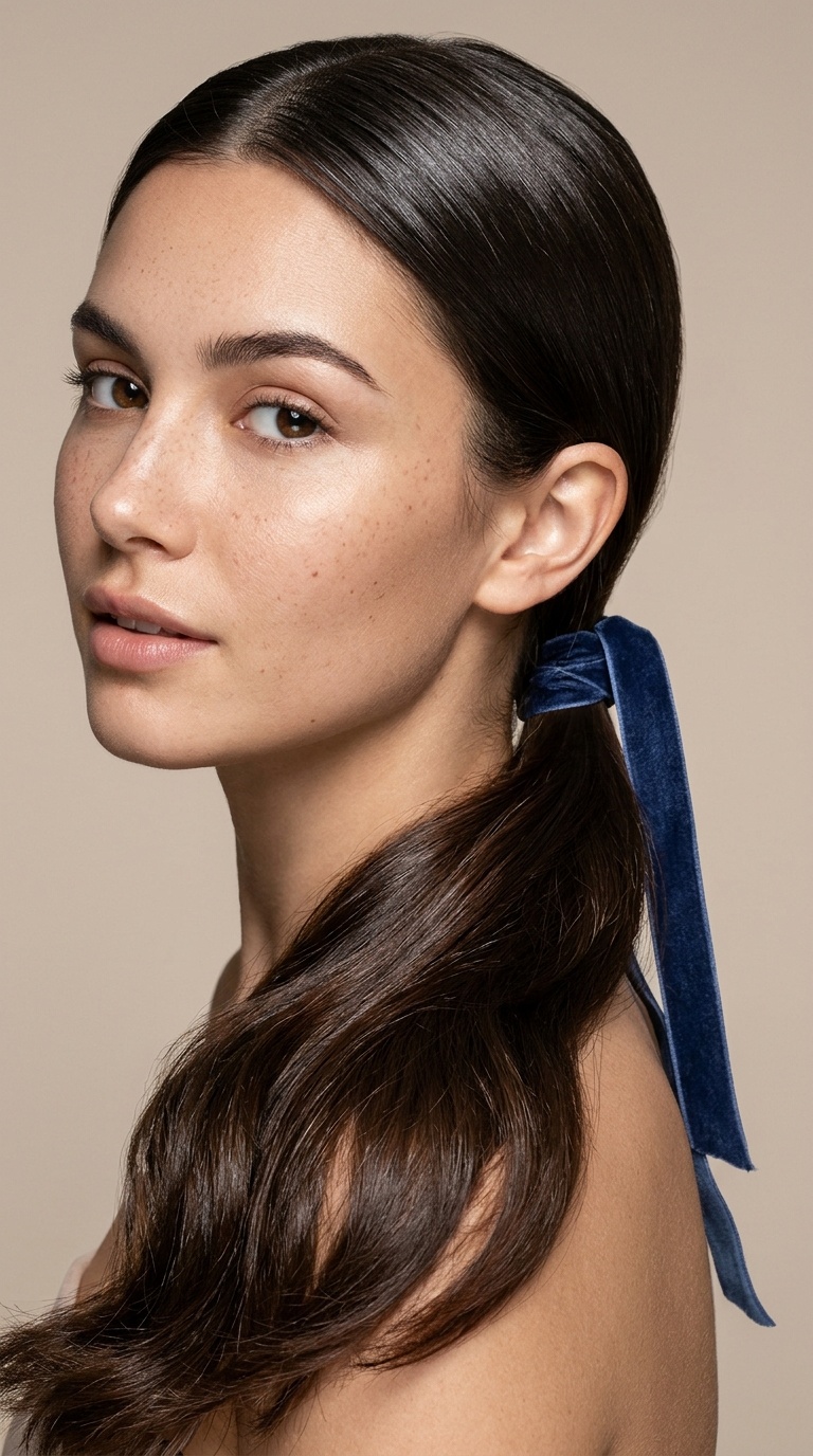 The Polished Low Ponytail with a Ribbon