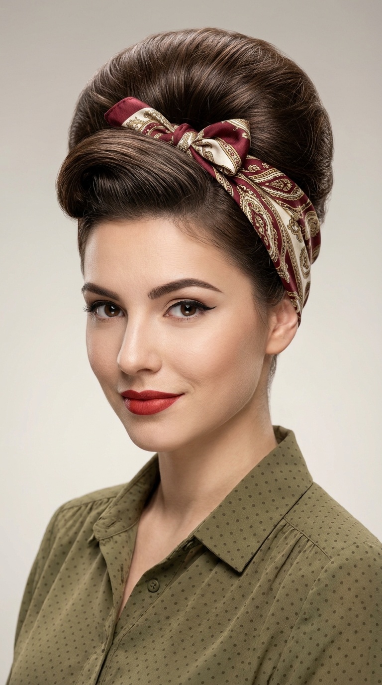 The Sculpted Beehive with a Scarf Accent