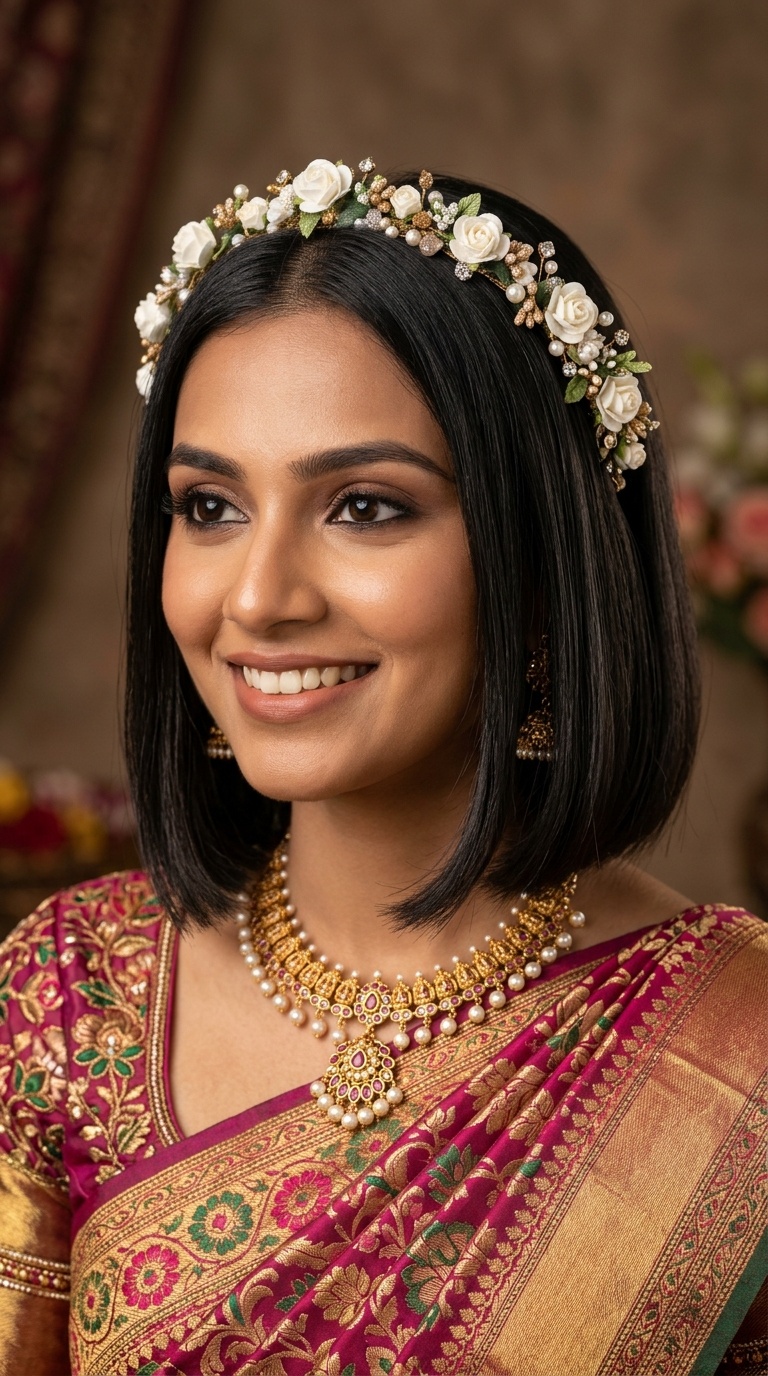 The Sleek Bob with Floral Tiara
