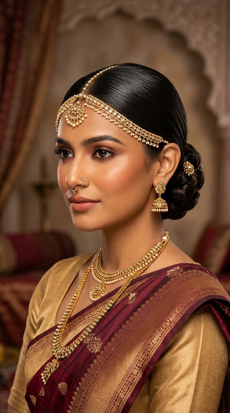 The Sleek Middle-Parted Low Bun with Hair-Chain