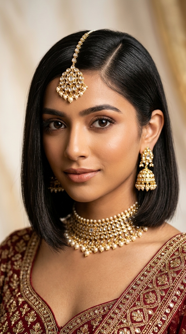 The Sleek Side-Parted Bob with Maang Tikka
